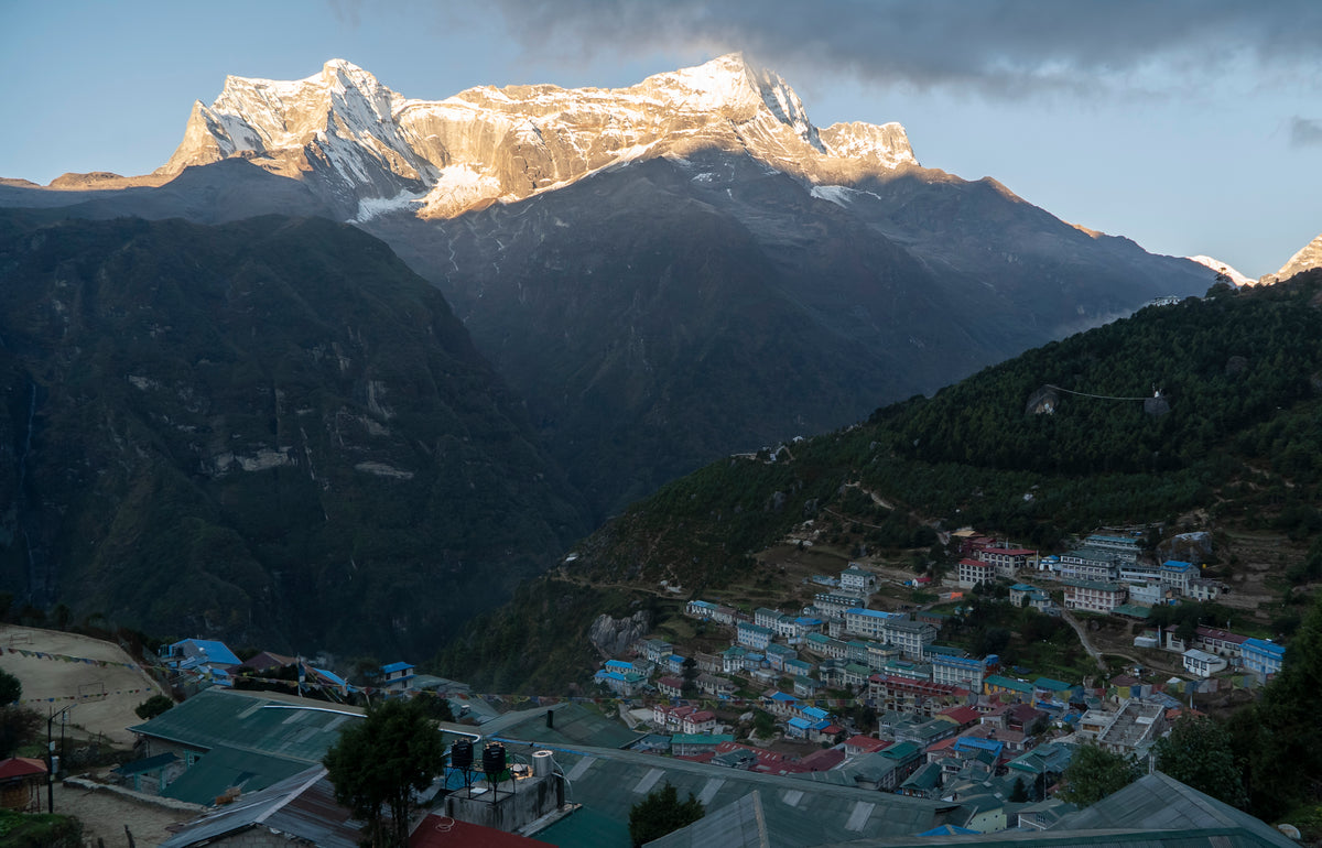 Namche Bazaar at dusk, with Khumbu peaks above the town, Nepal