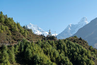 Stupa on a hill with snow-capped mountains in the background