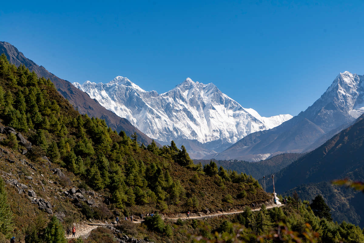 Everest, Lhotse and Ama Dablam above the trail to Everest Base Camp