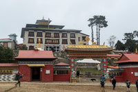 Traditional Bhutanese architecture with a temple and people around it.