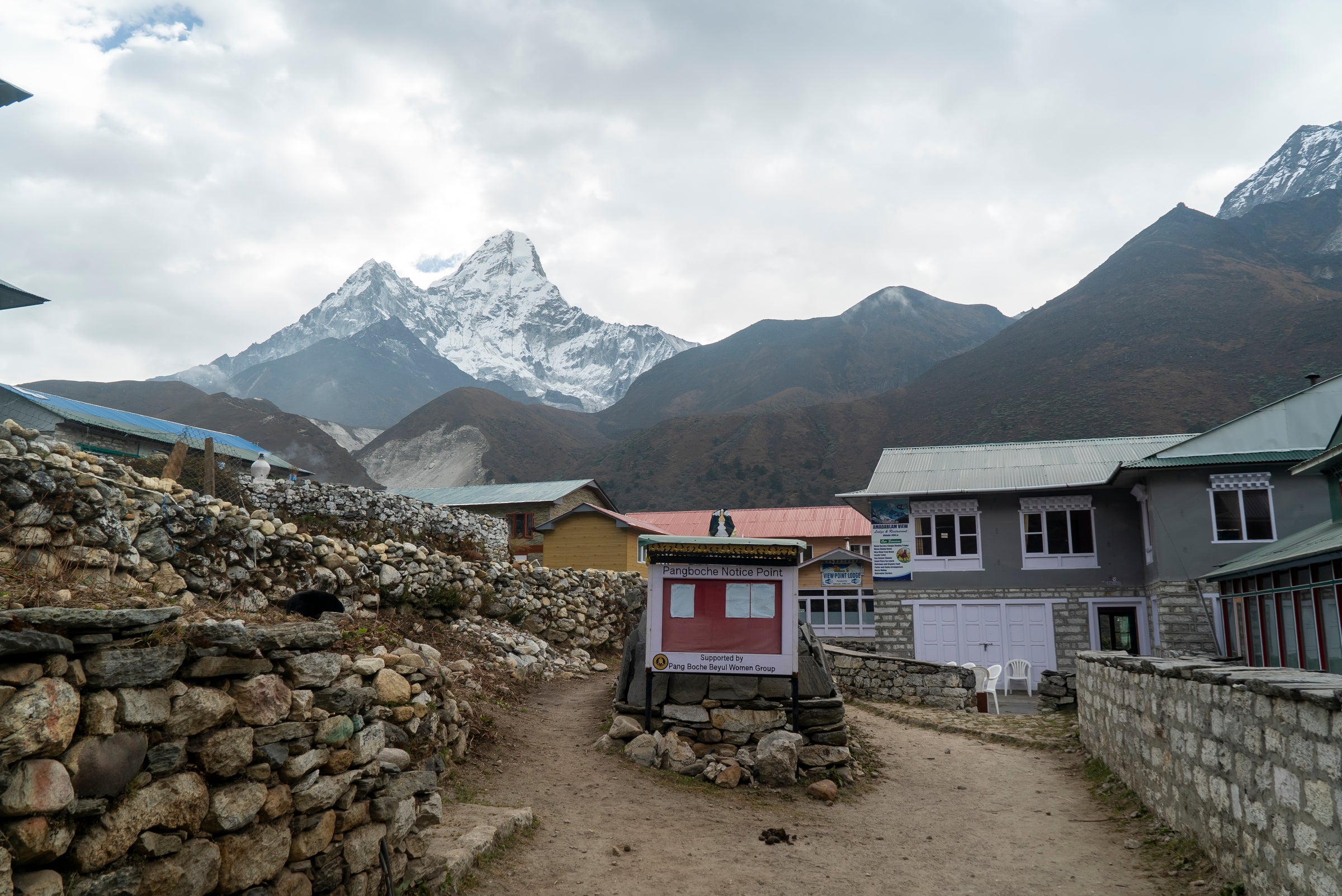 Small village with houses and a mountain in the background