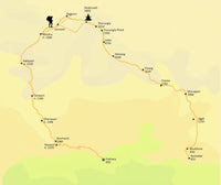 Map of a hiking route with various locations marked on a yellow background.