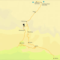 Map of a hiking route with key locations marked on a yellow background