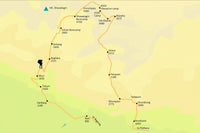 Map of a hiking route with various camps and elevations marked on a yellow background.