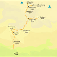 Map of a trekking route with various locations marked on a yellow background
