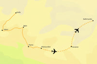 Map showing a travel route from Delhi to Kathmandu