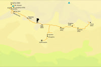 Map of a hiking route with various locations marked on a beige background