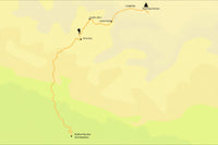 Map of a travel route with various locations marked on a yellow background