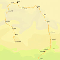 Map of manaslu route with various locations marked on a yellow background