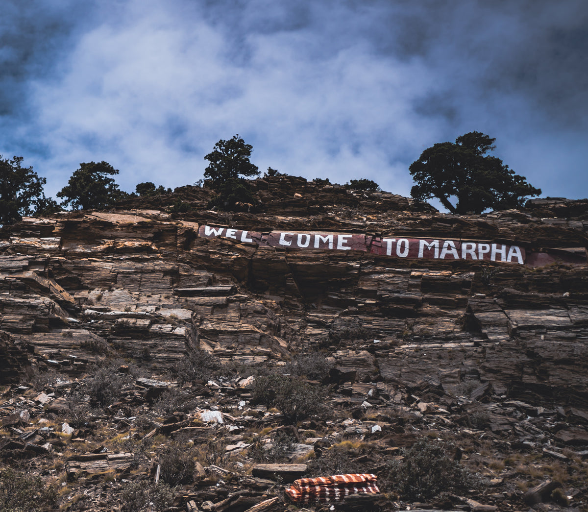 Welcome sign on the cliff above Marpha village in the Kali Gandaki valley, Nepal