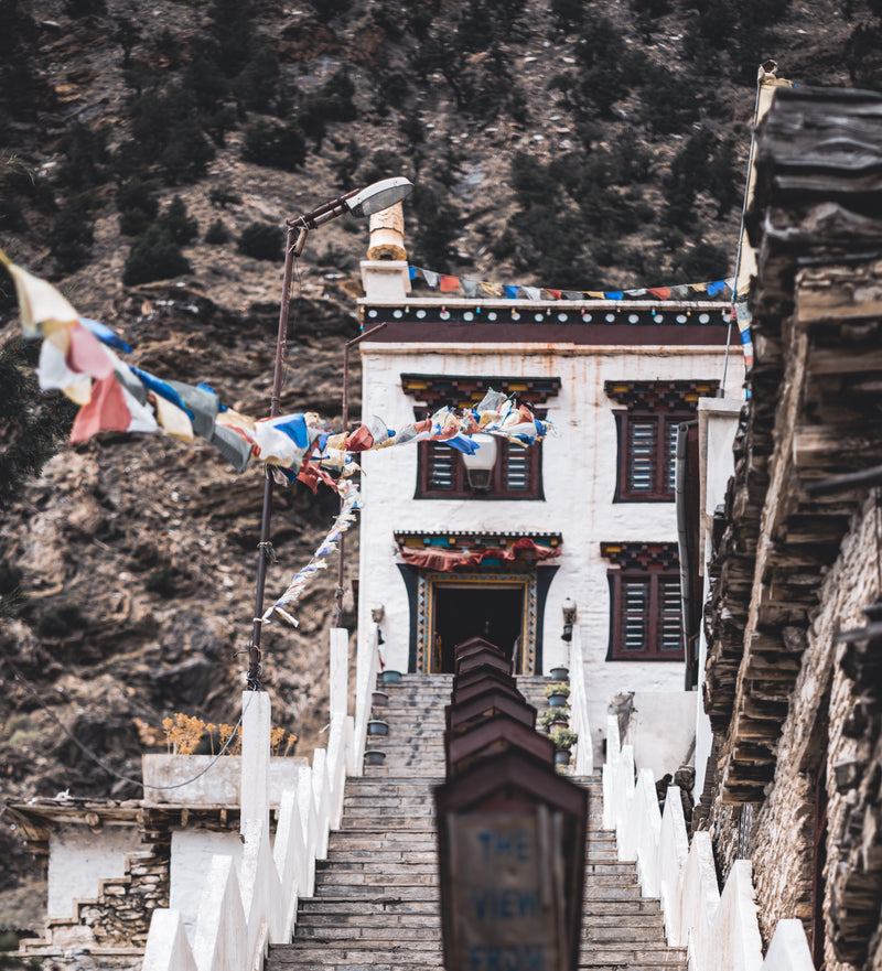 Stairway leading up to a temple with prayer flags against a mountainous background