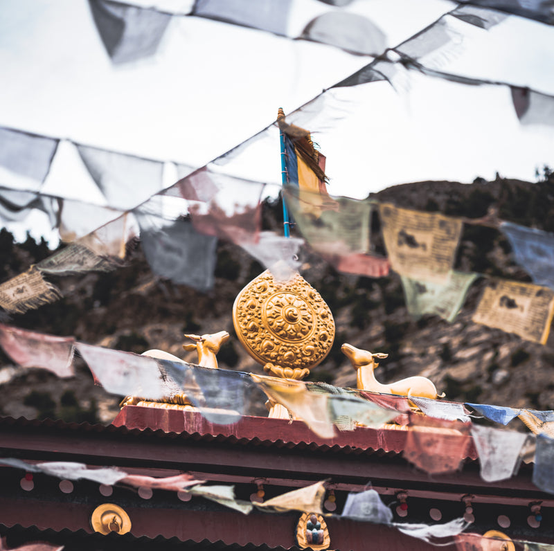 Decorative golden emblem on a building with prayer flags in the background