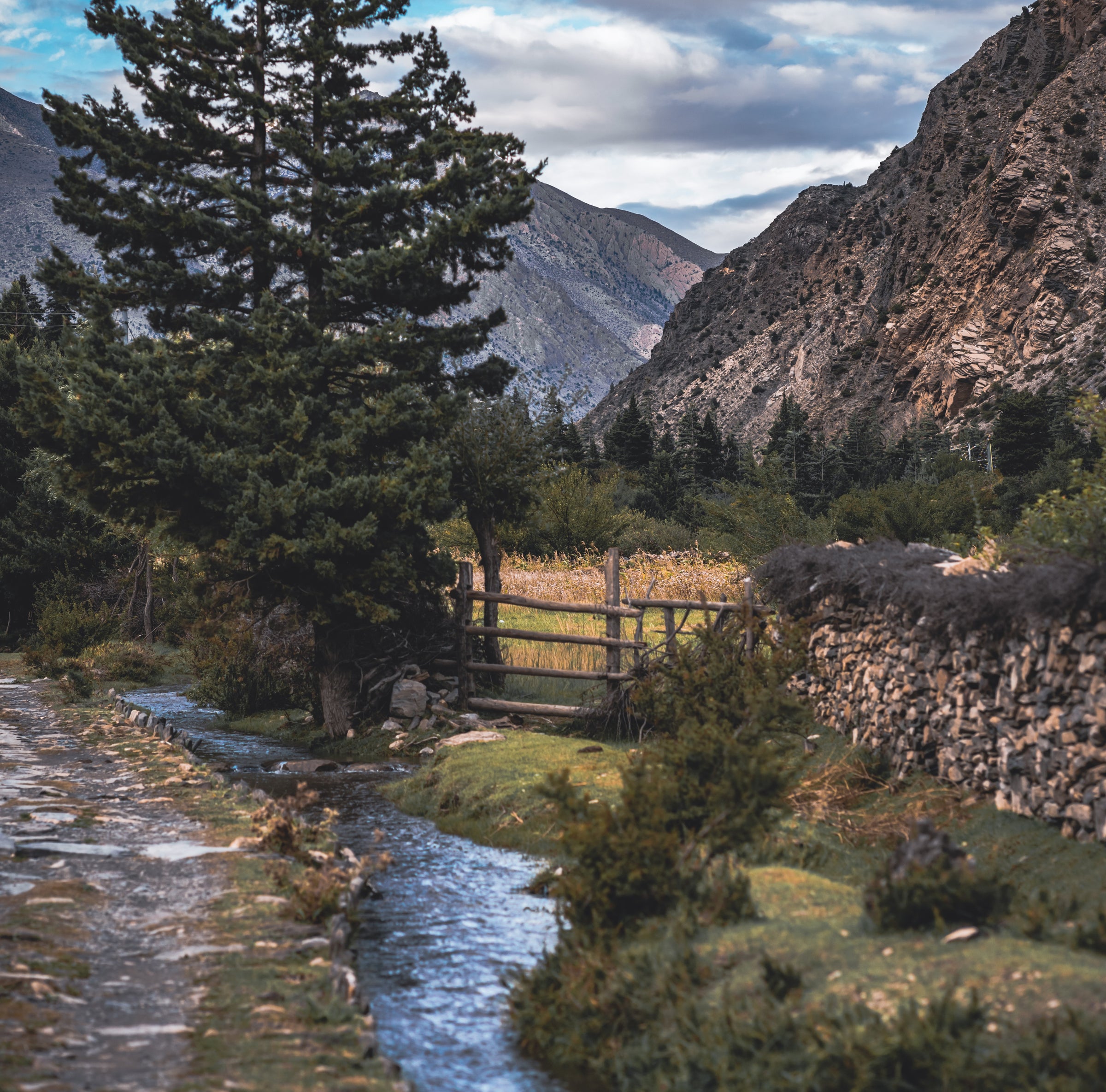 Scenic view of a mountainous landscape with a stream, wooden bridge, and stone wall.