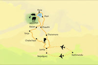 Map of a travel route from Kathmandu to Rara Lake