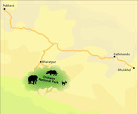 Map of Chitwan National Park with rhinos and surrounding areas on a light yellow background.