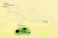 Map of Chitwan National Park with surrounding areas on a yellow background, featuring South Asian Holidays logo.