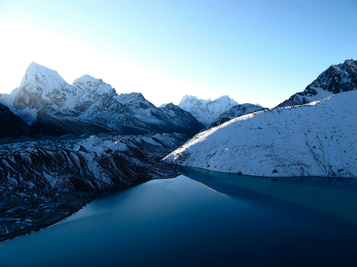 Snow-capped mountains reflected in a calm lake under a clear blue sky.