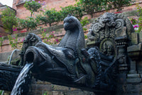 Decorative stone sculpture with flowing water, likely in an outdoor setting with plants and architecture.