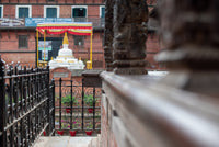 Temple view from behind a metal railing with blurred background