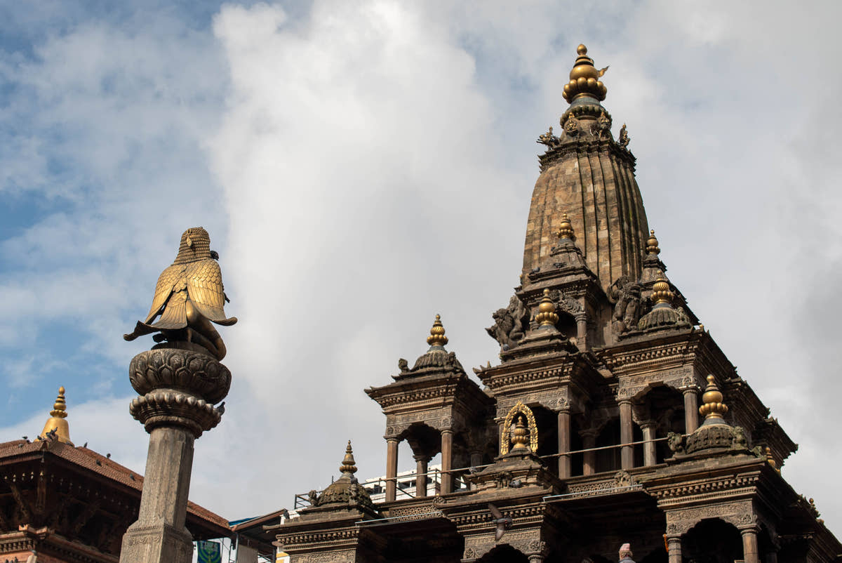 Krishna Mandir and Garuda column in Patan, Nepal.